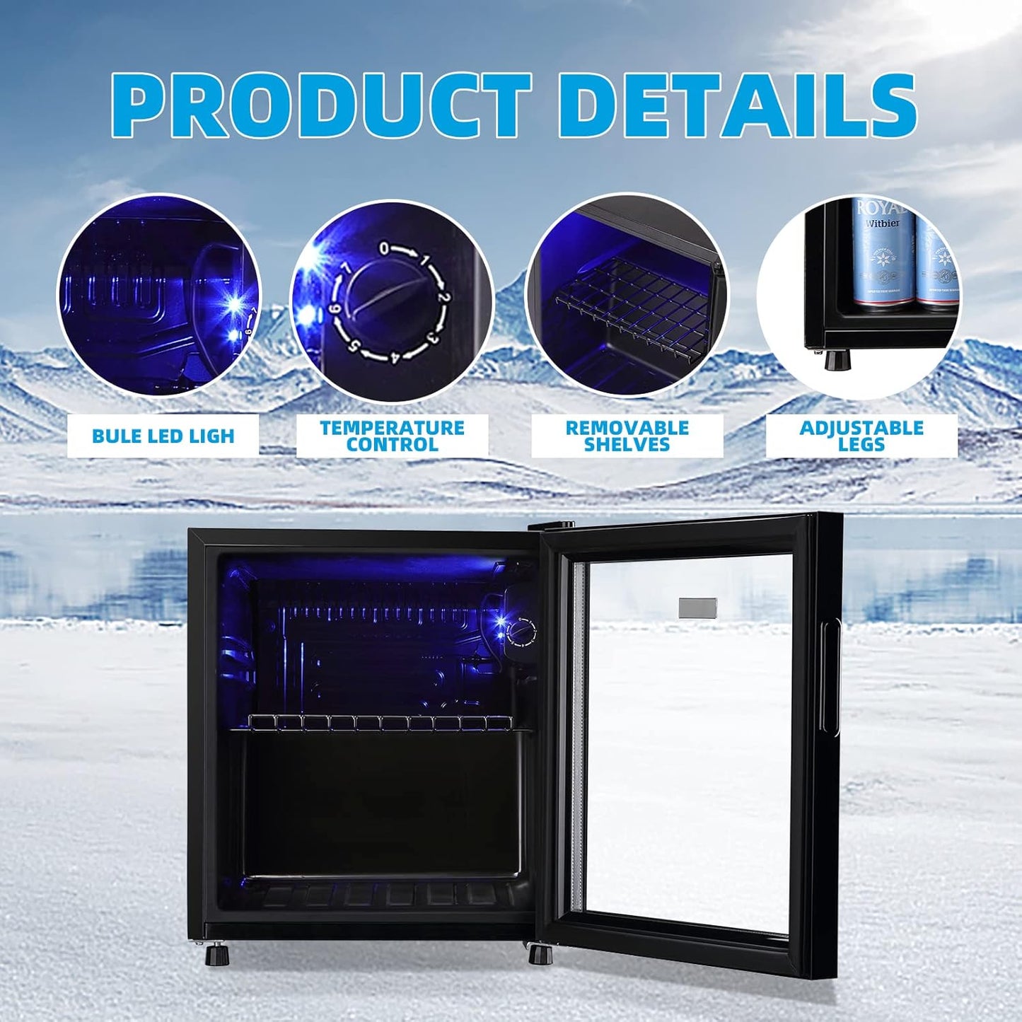 WANAI Mini Fridge Cooler 60Cans Beverage Refrigerator Glass Door Beverage Cooler for Beers Wine Juicer Adjustable Shelves LED Lights for Home, Office or Bar