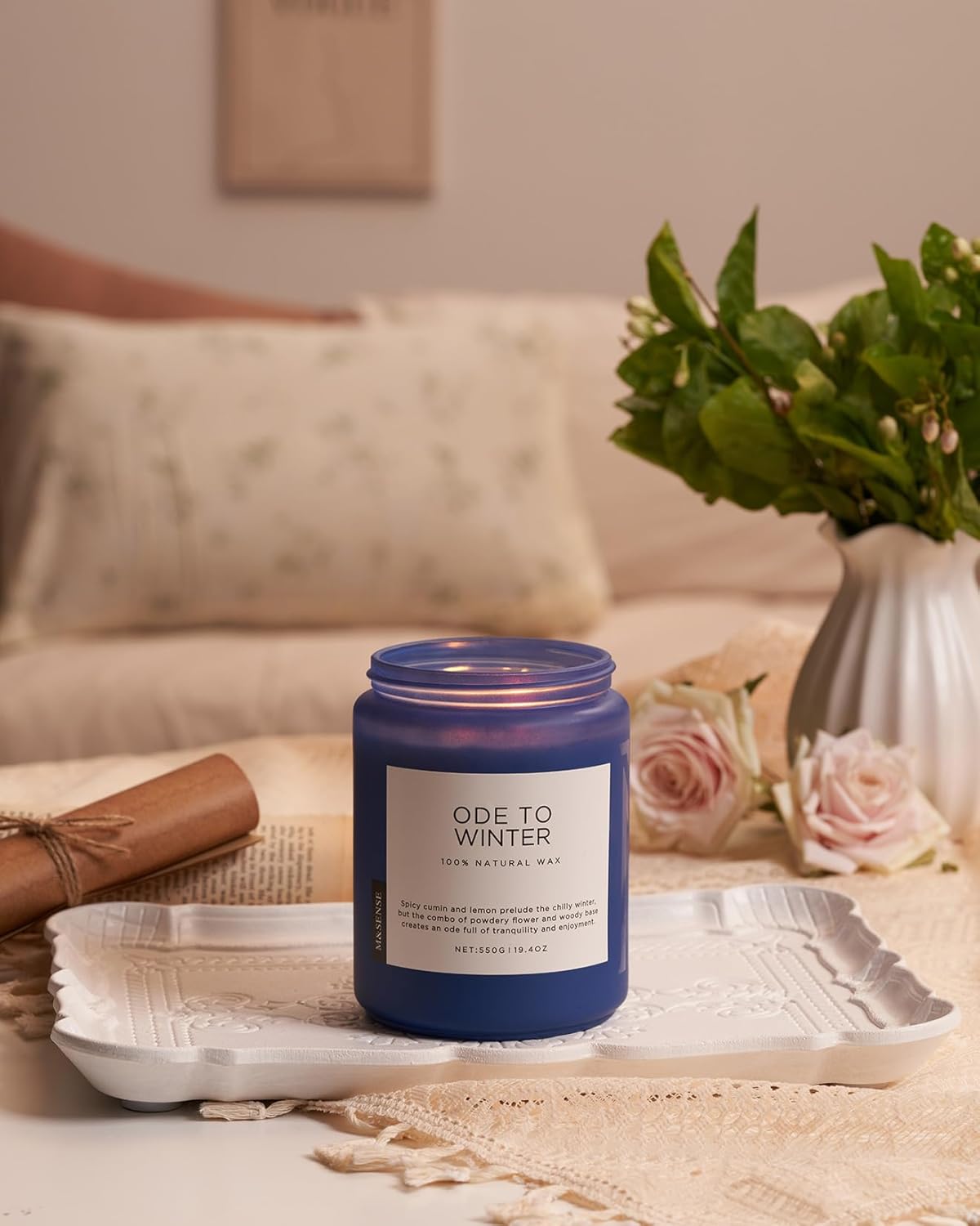 M&SENSE Ode to Winter - Lavender Sandalwood Strong Scented Candle, 19.4oz 110 Hour Clean Non Toxic Long Lasting Organic Natural Soy Wax Winter Candle Gifts for Bedroom Bathroom Home Decor