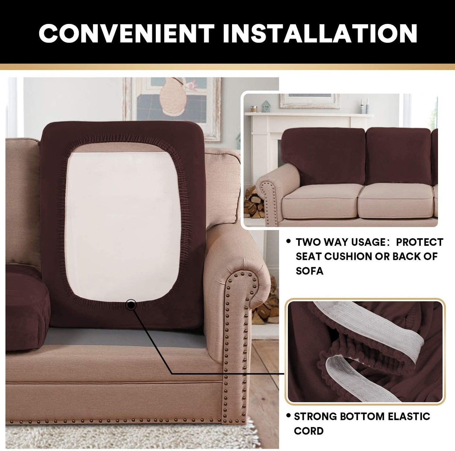 PrinceDeco Velvet Couch Cushion Cover Soft Stretch Cushion Slipcover for Chair Loveseat Sofa Cushion Furniture Protector Seat Cushion Sofa Cover (2 Piece Large Sofa Cushion Covers, Brown)