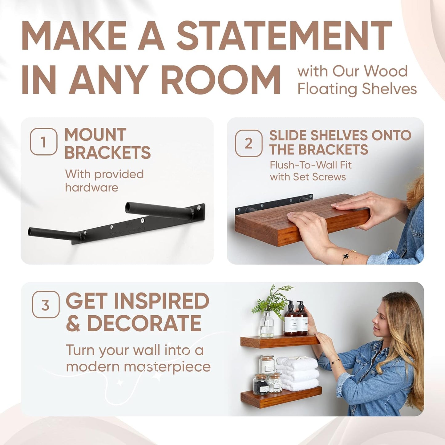 Homeforia 16 inch Oak Floating Shelf, High End Solid Real Wood 16inch Small Floating Shelves for Wall Mounted, Honey Oak Wooden 16in Floating Shelves, Heavy Duty Bracket, 16 X 6.5 X 1.75 in, Set of 3
