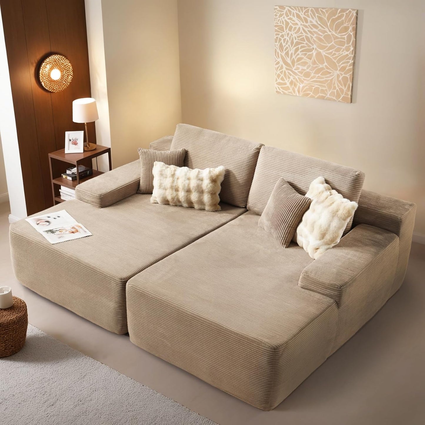 ovios 81" Oversized Sectional Double Lounge Chaise with Cloud Plush Sofa Bed, No Assembly Required, Fluffy Modern Sleeper Loveseat Chair for Indoor Living Room Bedroom Reading, Camel (Corduroy Fabric)