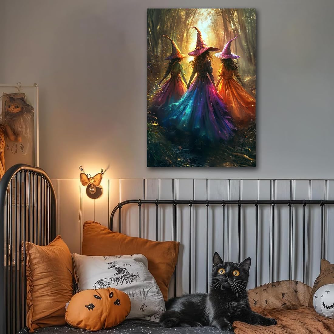 Halloween Room Decor Wall Art Colorful Witch Prints,Vintage Three Colorful Witches in Forest Halloween Posters,Fall Fantasy Aesthetic Pictures Playful Art Wall Decor for Bedroom,24"x36" Framed