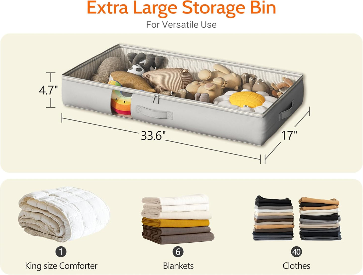 Under Bed Storage Containers with Window, Closet Organizers and Storage Bags, Foldable Underbed Storage Bags for Blankets, Clothing, Comforter, Linen Sheets, Wrapping Paper, 4 Pack, Grey