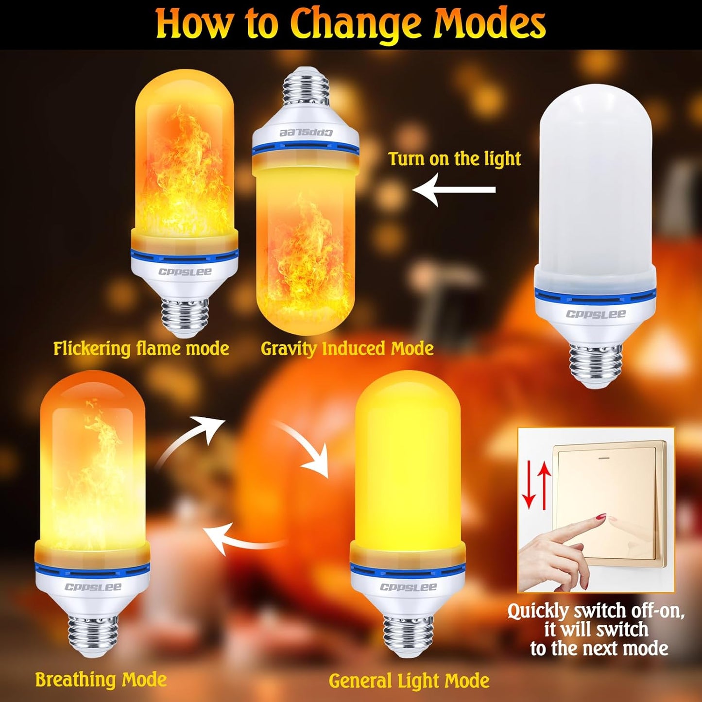 Halloween Decorations Upgraded LED Flame Light Bulbs, 4 Modes Flickering Light Bulbs, E26 Base Fire Flame Bulb, Christmas Lights Patio Outdoor Indoor Home Decor (Yellow, 2 Pack)