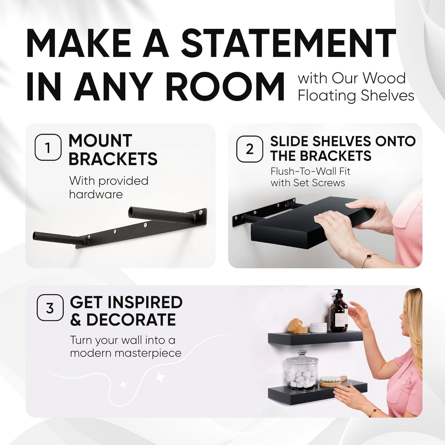 Homeforia Floating Shelf Black 12 inch, High End Solid Real Wood Small 12inch Floating Shelves for Wall Mounted, Black Wooden 12 in Floating Shelves, Heavy Duty Bracket, 12 X 6.5 X 1.75 inch, Set of 4