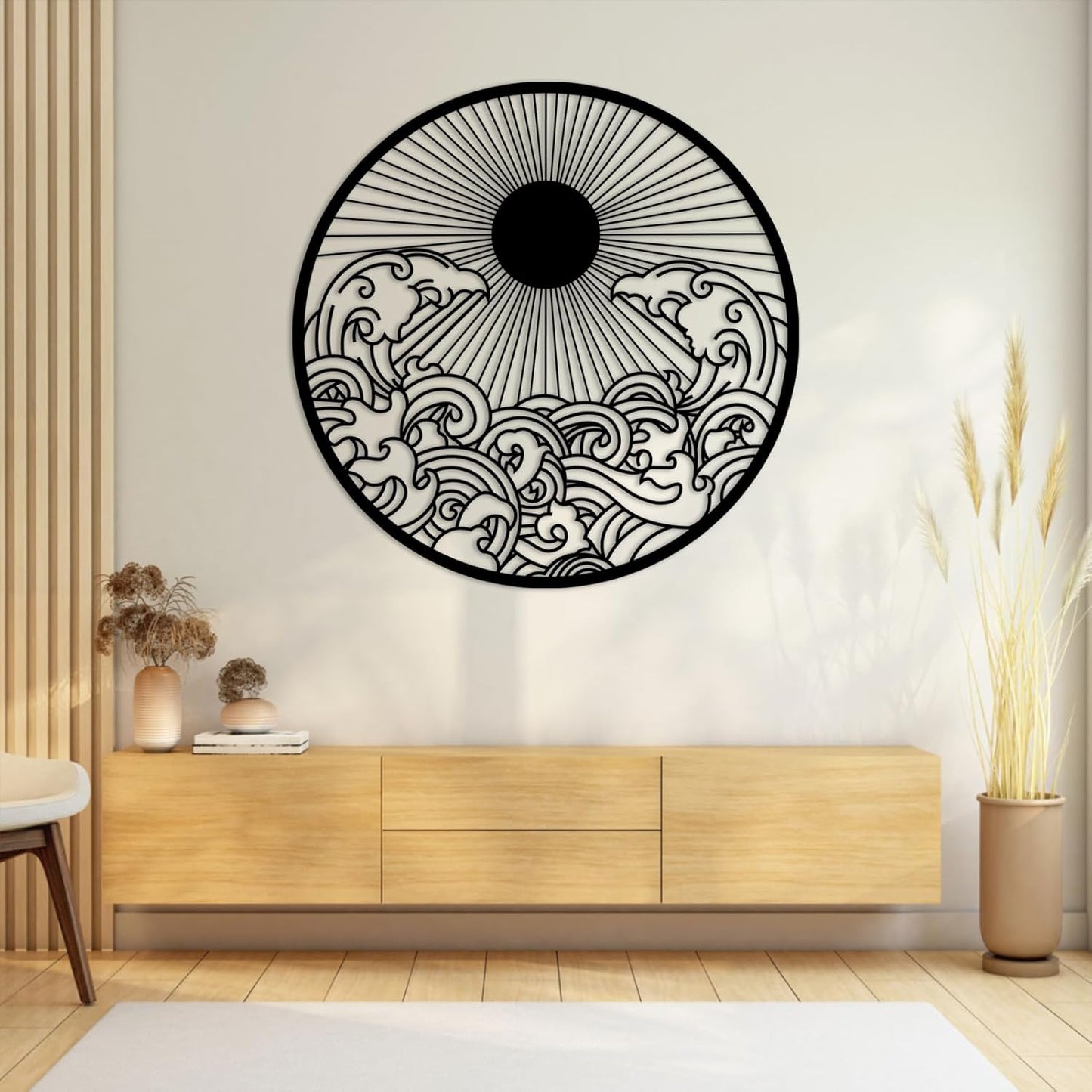 flyoak Metal Sun Wall Decor Outdoor, Sunrise Metal Wall Art, Metal Wave Wall Art, Sunrise and Wave Wall Decor, Sunburst Wall Art, Sunset Wall Art, Wall Hangings for Bedroom (Black, 39x39in|100x100cm)