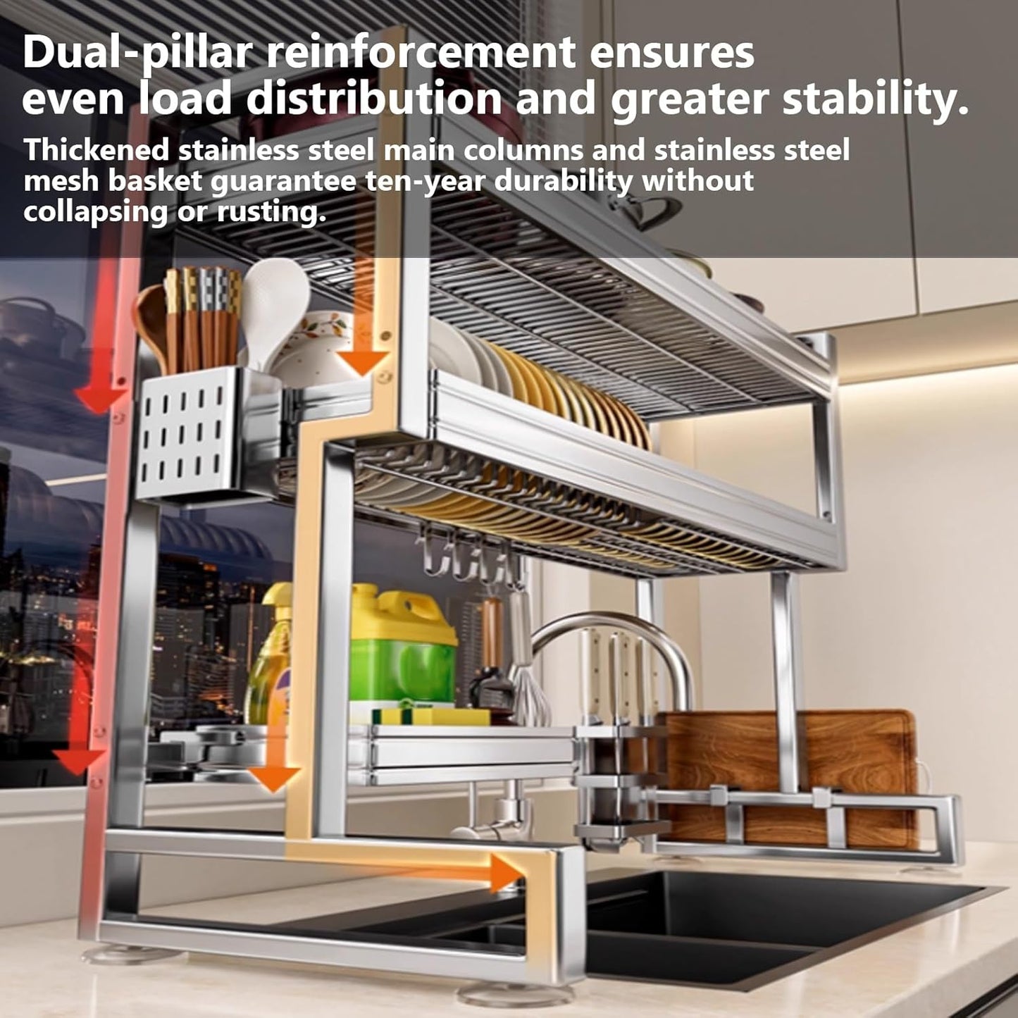 Kitchen Sink Rack Sink Above The Dish Drain Dish Washing Rack Stainless Steel Multifunctional Dish Storage Rack,Over The Sink Drying Rack for Dishes(1,85cm/33.5in)