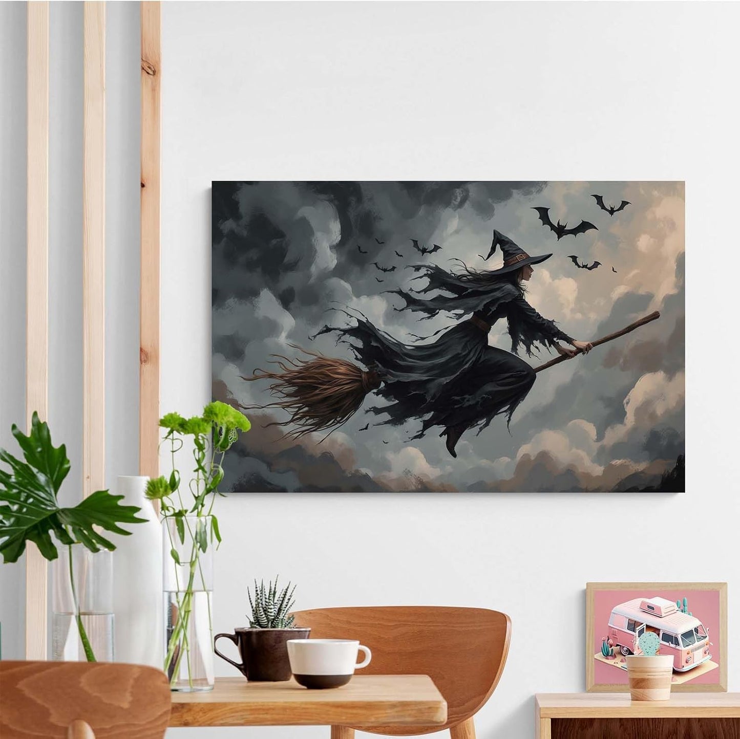 JFHCQJPK Witch and bat flying Halloween poster suitable for home party wall decoration retro Halloween preppy style wall art canvas print suitable for room decoration16x24in Frameless
