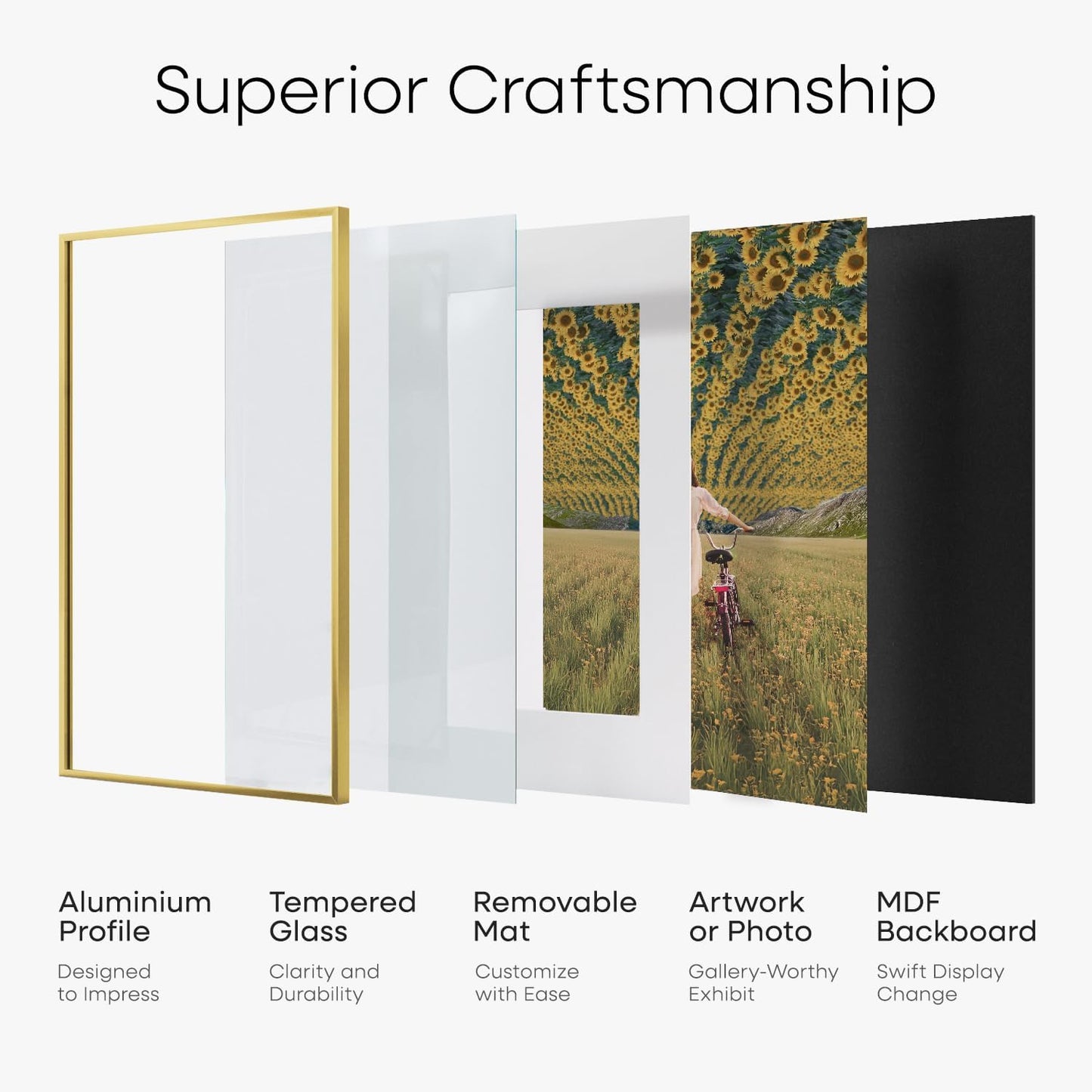 Homeforia 5x7 Picture Frame Gold, High End Metal 5 x 7 Gold Frames with Mat 4 x 6 for Print, 5by7 Desk Frame Matted to 4x6 inch Photo, 5 by 7 Wall or Tabletop Frame, Tempered Glass, Wall Kit, Set of 1