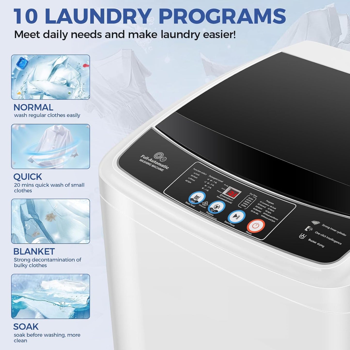 Nictemaw Portable Washing Machine 17.8Lbs Capacity Portable Washer with Drain Pump 2.4Cu.ft Full-Automatic Compact Washer with 10 Programs 8 Water Level for Home, Apartment, RV, Dorms