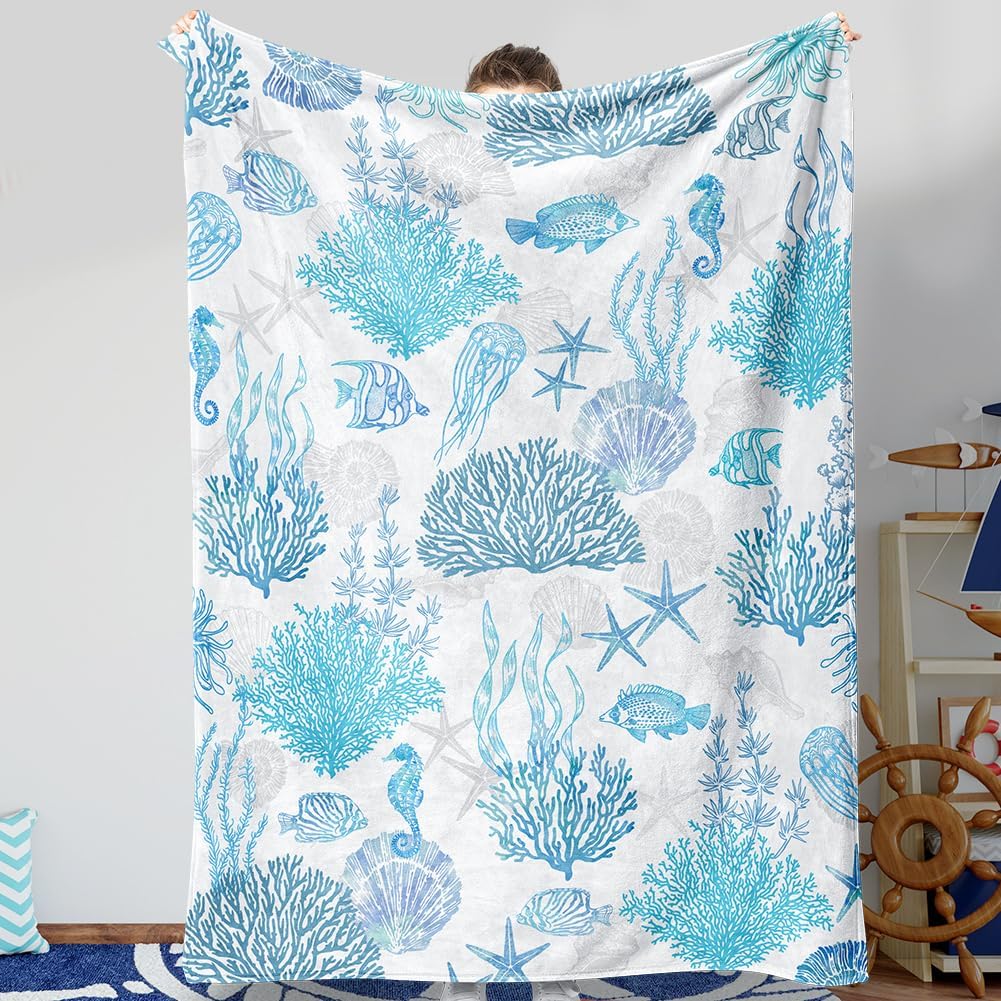Blue Ocean Beach Throw Blanket Nautical Coastal Bed Blanket Starfish Seashell Coral Blankets Super Soft Flannel Fleece Throw Blanket for Couch Bed Decor “50 x60”