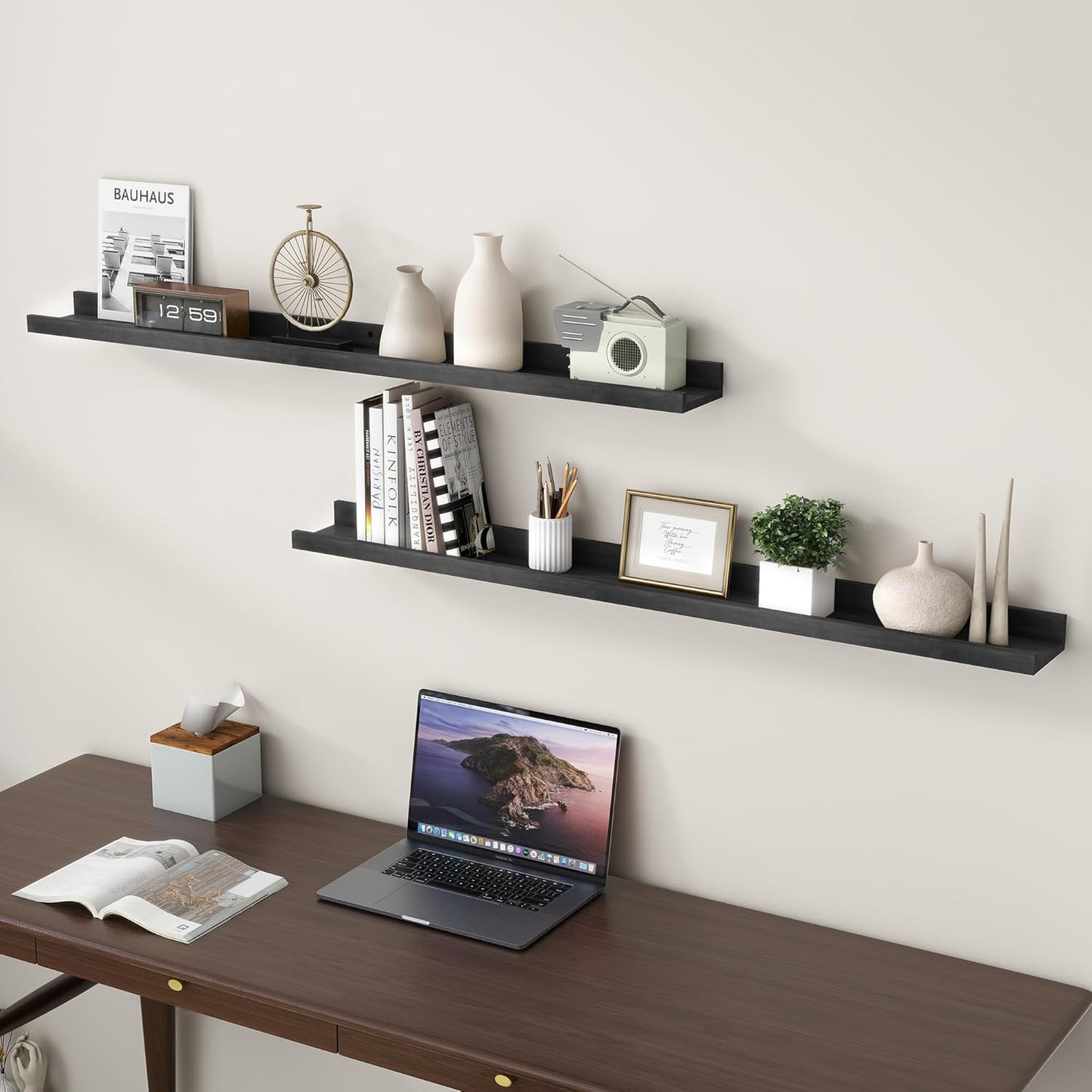 Picture Ledge Shelf for Wall, 48 inch Solid Pine Wood Nursery Book Shelves 2 Packs, Floating Ledge Shelves for Kids' Room Bedroom Bathroom Living Room Photo Frames Office Nursey Wall Decor, Black