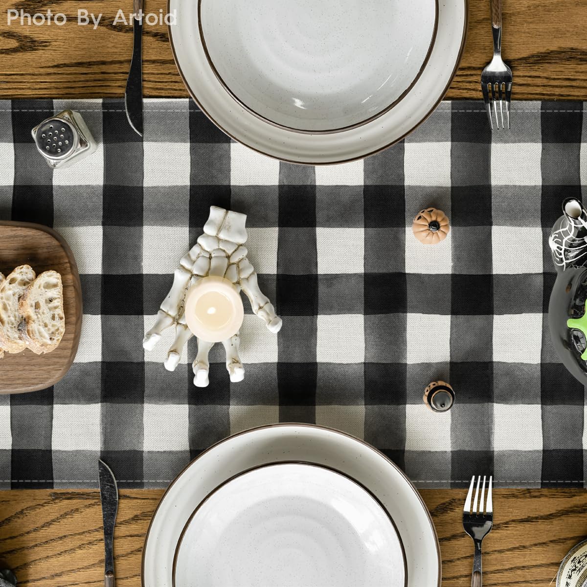 Artoid Mode Buffalo Plaid Bat Pumpkin Ghost Truck Spooky Halloween Table Runner, Sensonal Kitchen Dining Table Decoration for Home Party Decor 13x108 Inch