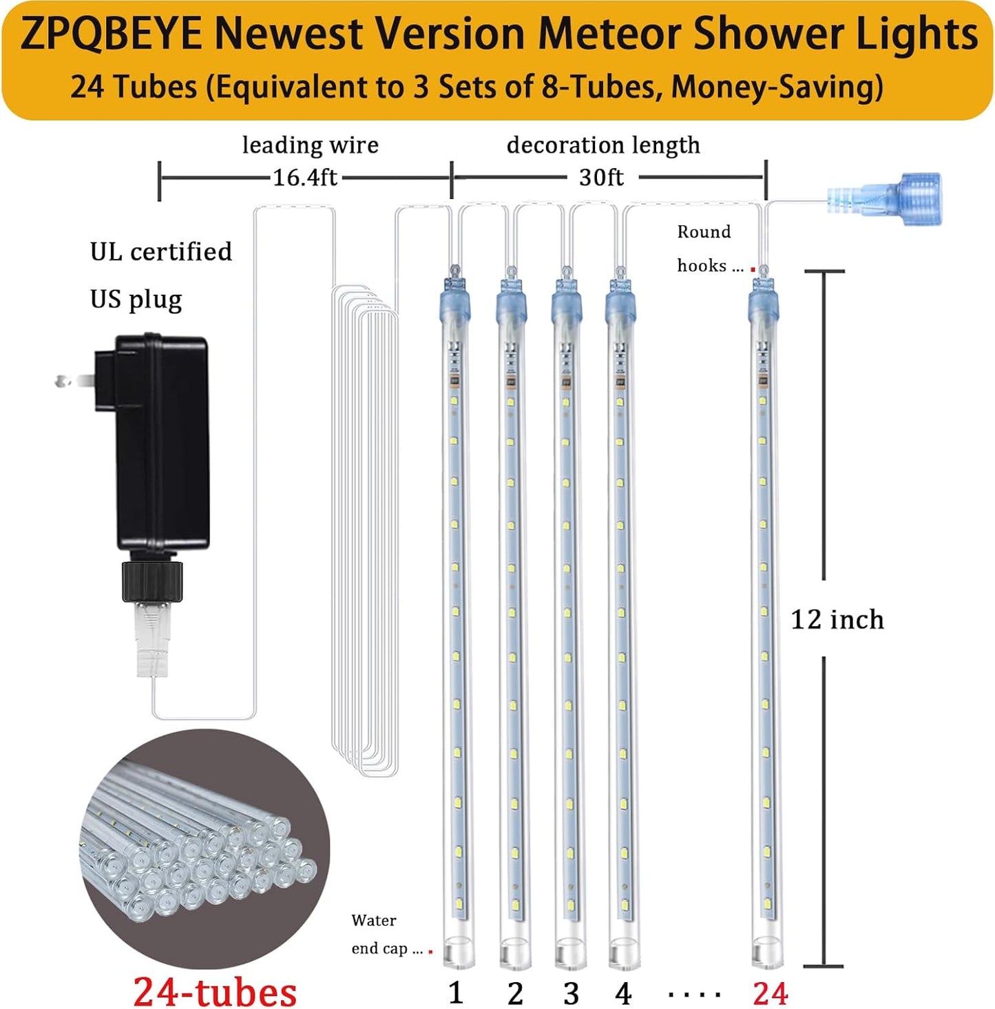 Meteor Shower Lights Christmas Lights Outdoor 24-Tube 576LEDs Snow Falling Rain Cascading Icicle Lights for Xmas Tree Christmas Decorations Wedding Party Holiday Garden Decor, UL Plug White