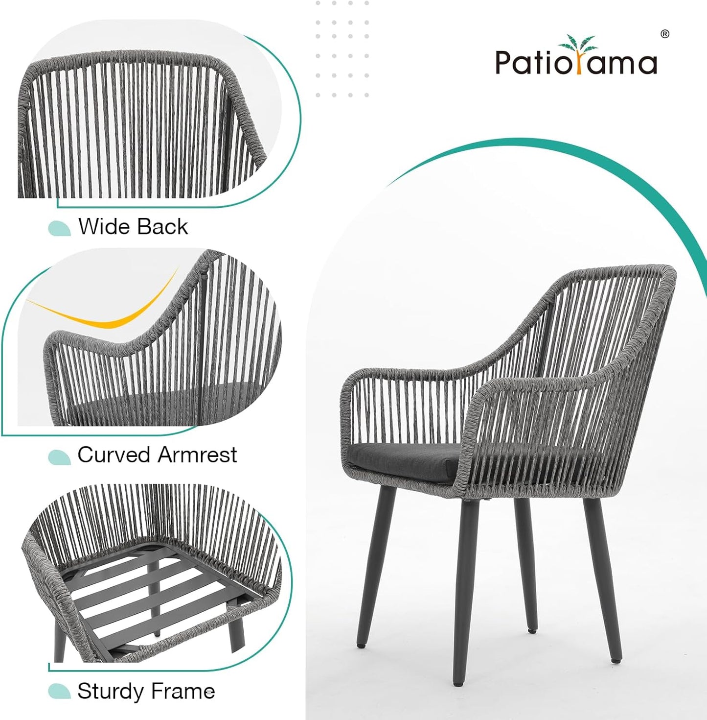 Patiorama Outdoor Dining Chairs, Patio Dining Chair Set of 2, All-Weather Woven Rope Rattan Chairs, Outdoor Dining Wicker Chairs with Armrests for Indoor Balcony Pool Backyard(Gray)