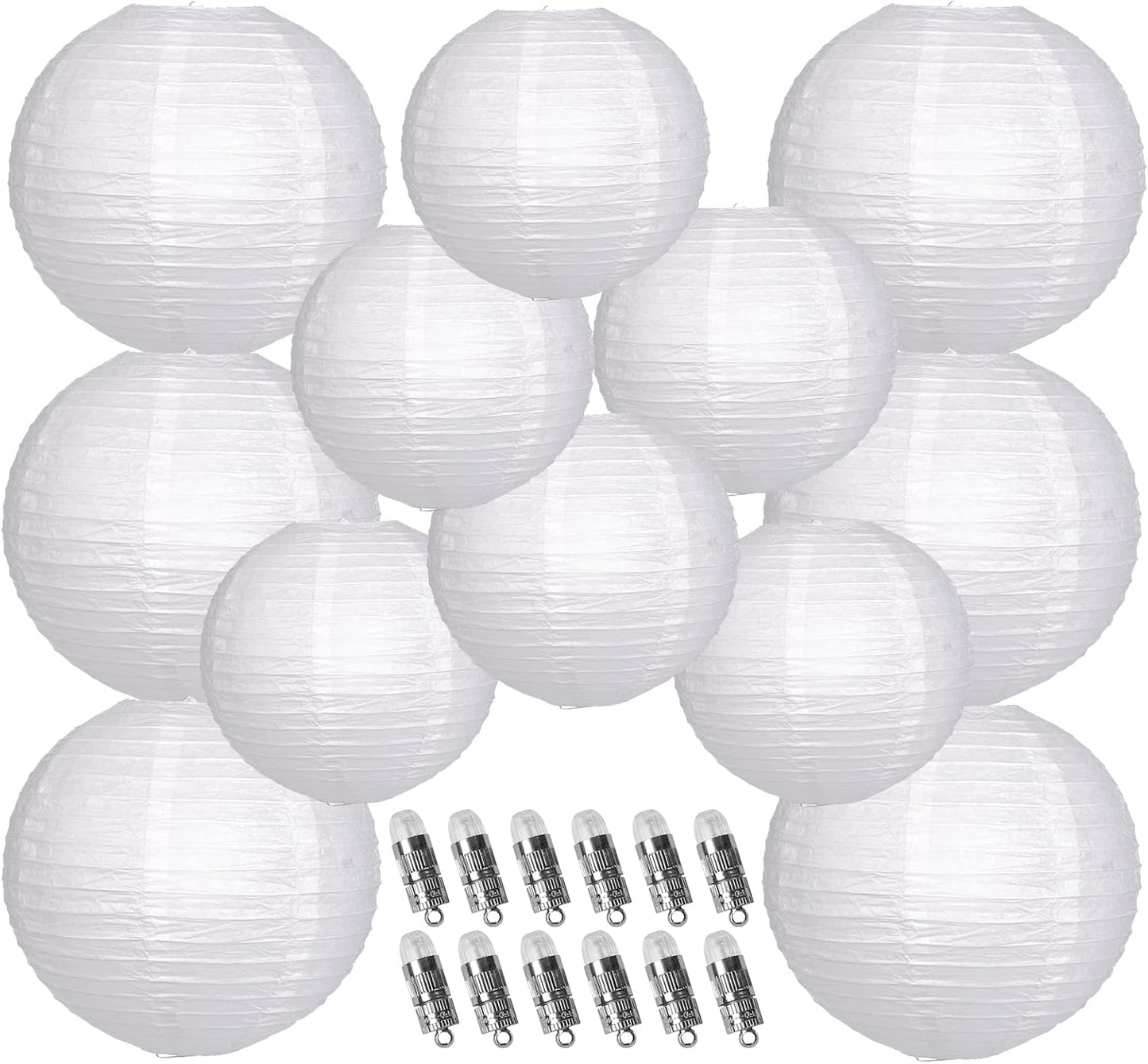 Paper Lanterns Decorative, White Hanging Round Chinese Lanterns with Lights for Wedding Anniversary Birthday Party 12 LED Light Pack of 12