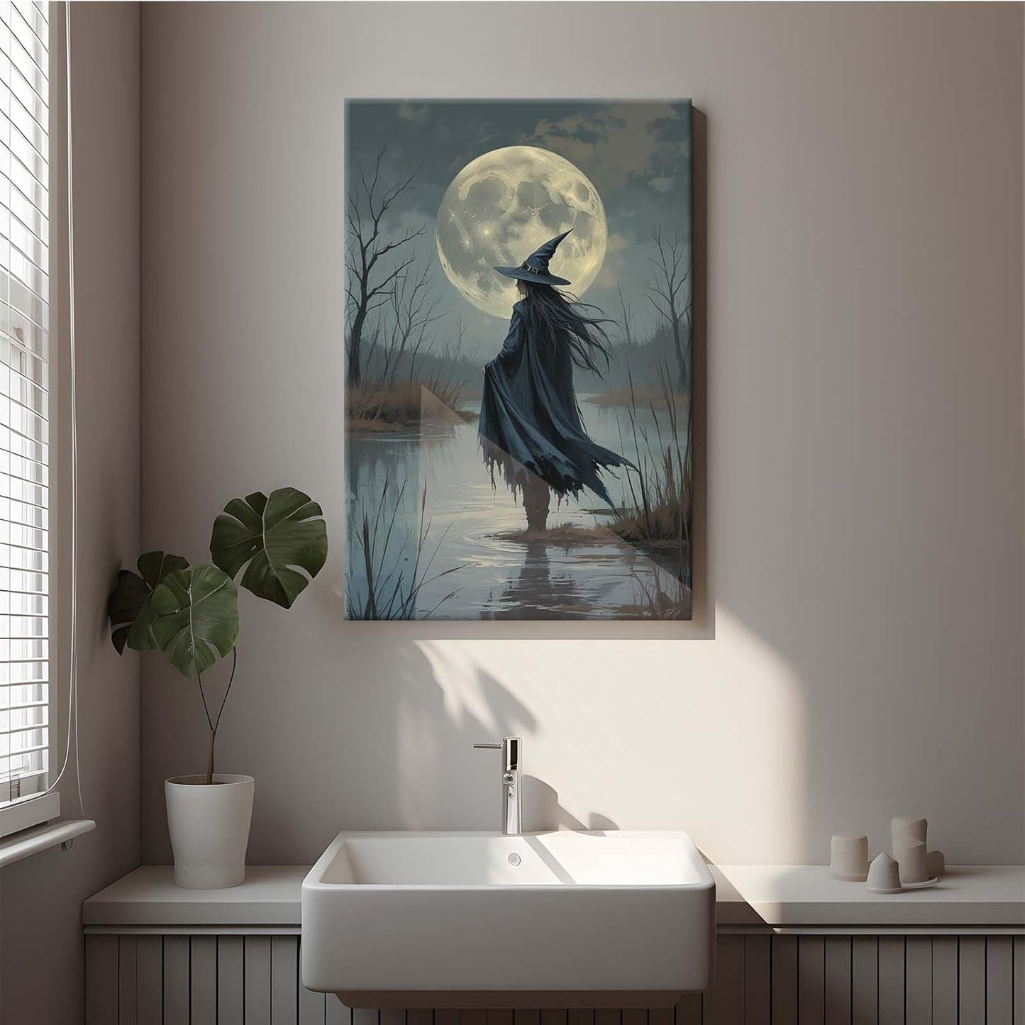 Witch in the moonlight magic canvas wall art enchanting Halloween home decor swamp witch silhouette oil painting mysterious gothic aesthetic wall decor print poster12x16in Wood Framed