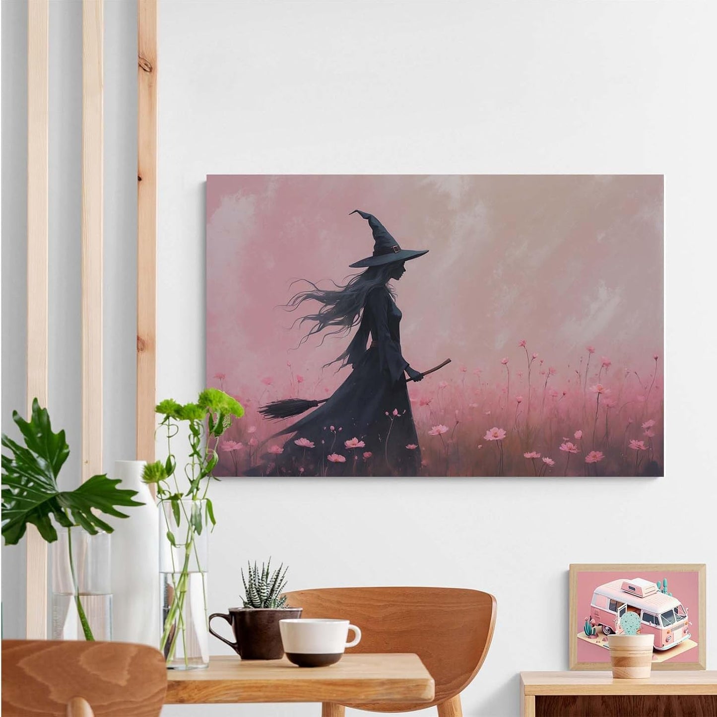 JFHCQJPK Witch in the pink sea of flowers Halloween prints weird flowers wall art silhouette painting fashionable romantic decoration suitable for bedroom8x12in Frameless