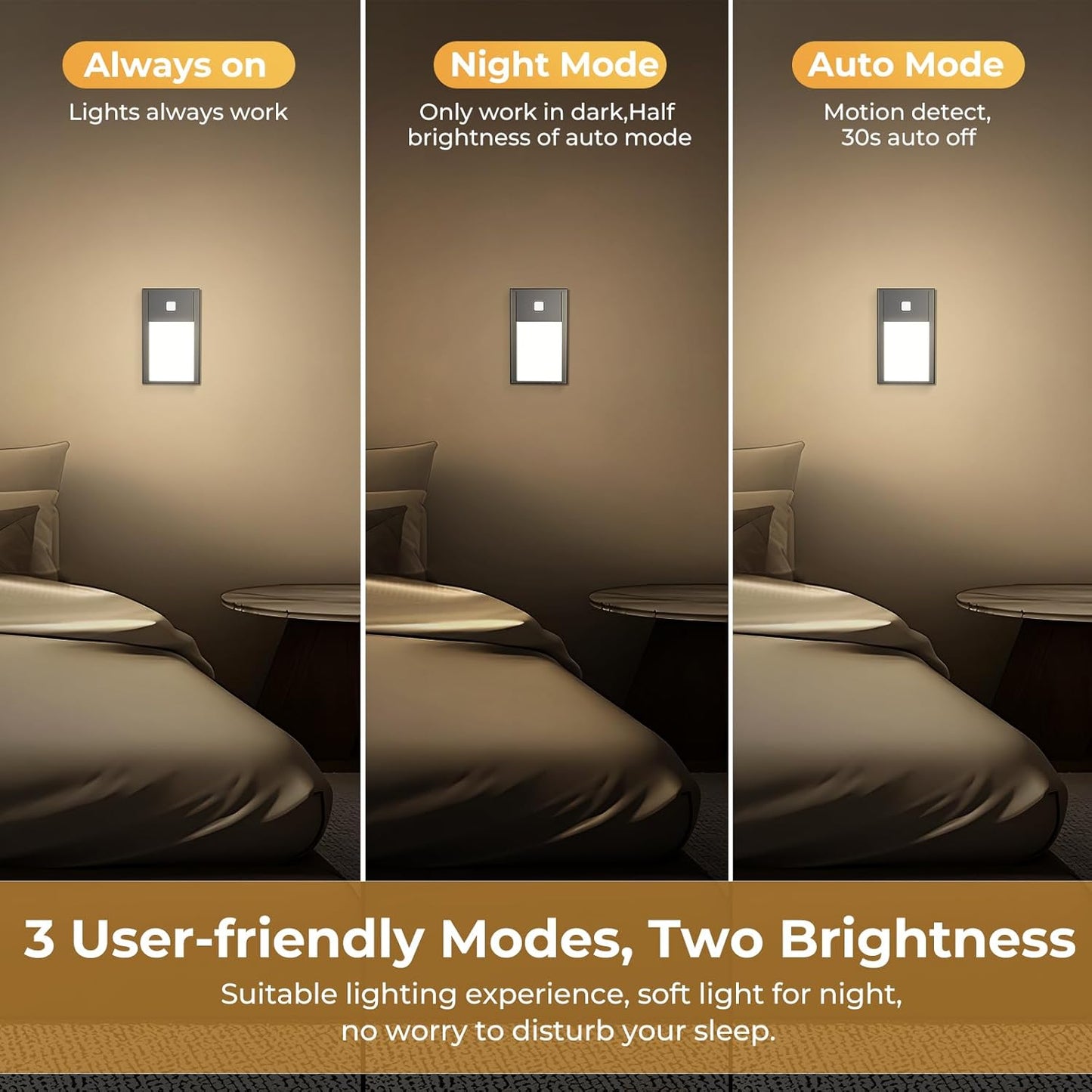 VST Motion Sensor Night Light, Rechargeable Battery Powered Led Light with Magnetic Suck Installation for Bedroom Hallway Stair Nursery Kids Room (2.68 inch 3000K 3Pack Black)