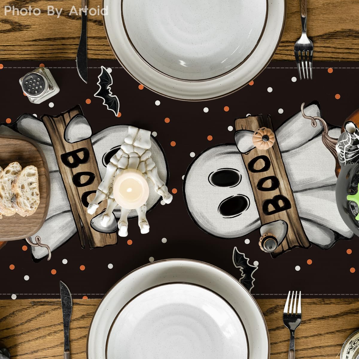 Artoid Mode Polka Dot Ghost Pumpkin Cat Boo Halloween Table Runner, Bat Seasonal Fall Kitchen Dining Table Decoration for Home Party Decor 13x36 Inch