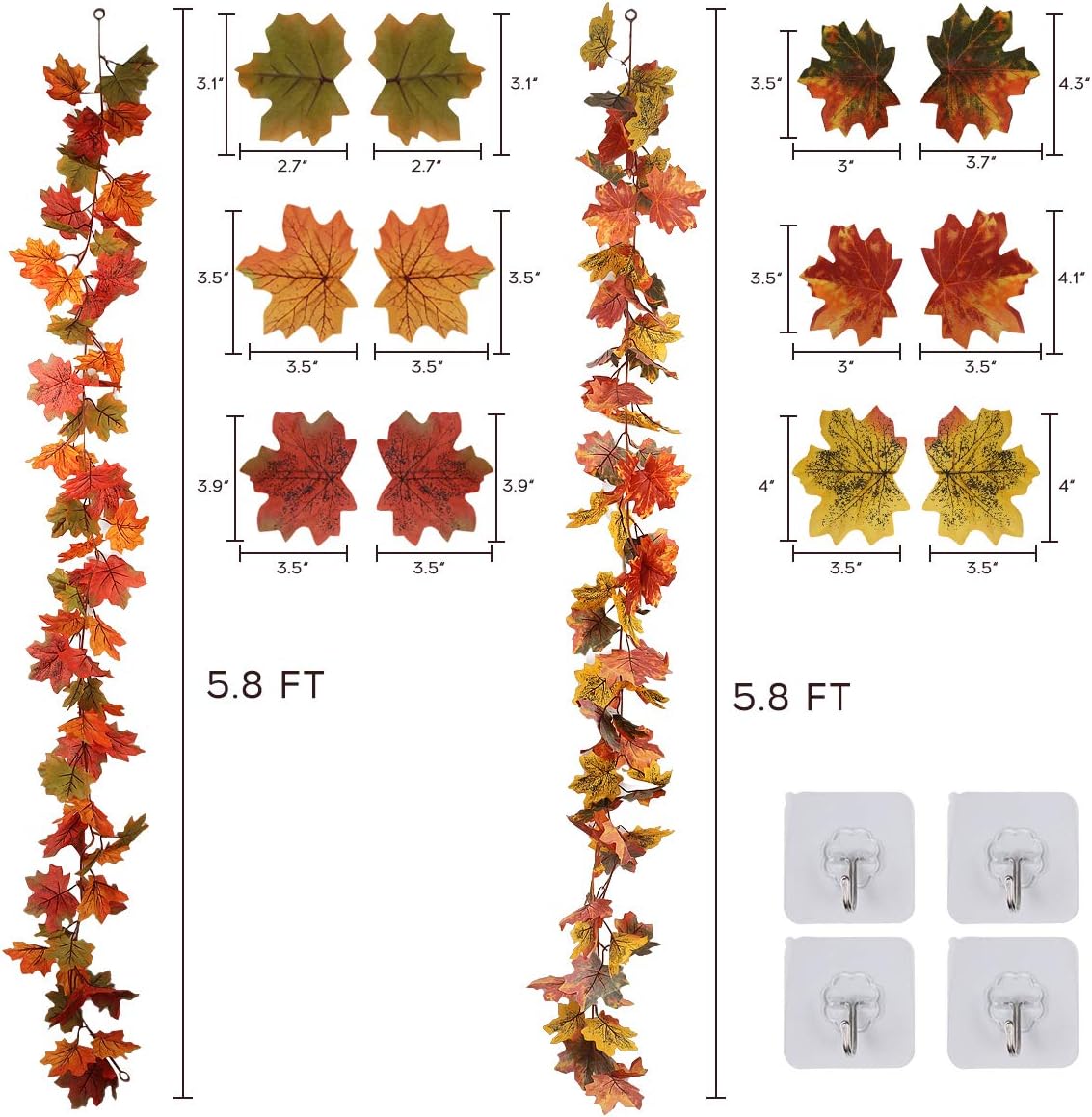 RECUTMS 2 Pack Fall Maple Garland - 5.8 FT/Pcs Autumn Hanging Fall Leave Vines for Home Garden Wedding Party Thanksgiving Dinner Fireplace Door Frame Doorway Backdrop Christmas Decor