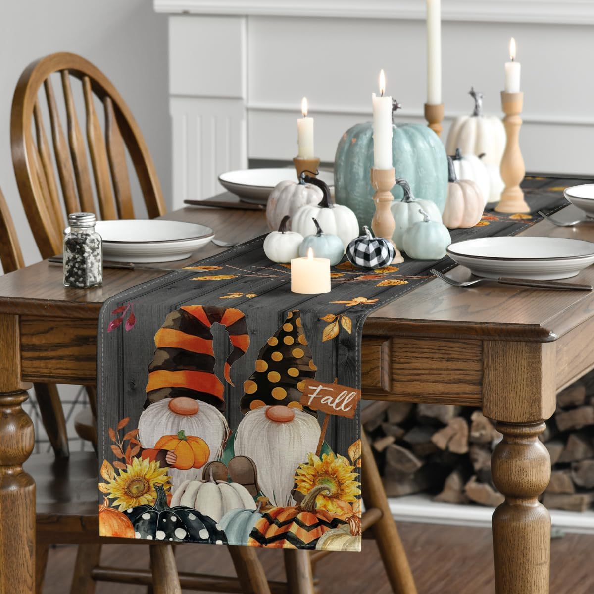 Artoid Mode Fall Gnomes Pumpkins Sunflower Maple Leaves Thanksgiving Table Runner, Seasonal Harvest Vintage Kitchen Dining Table Decoration for Indoor Outdoor Home Party Decor 13 x 108 Inch