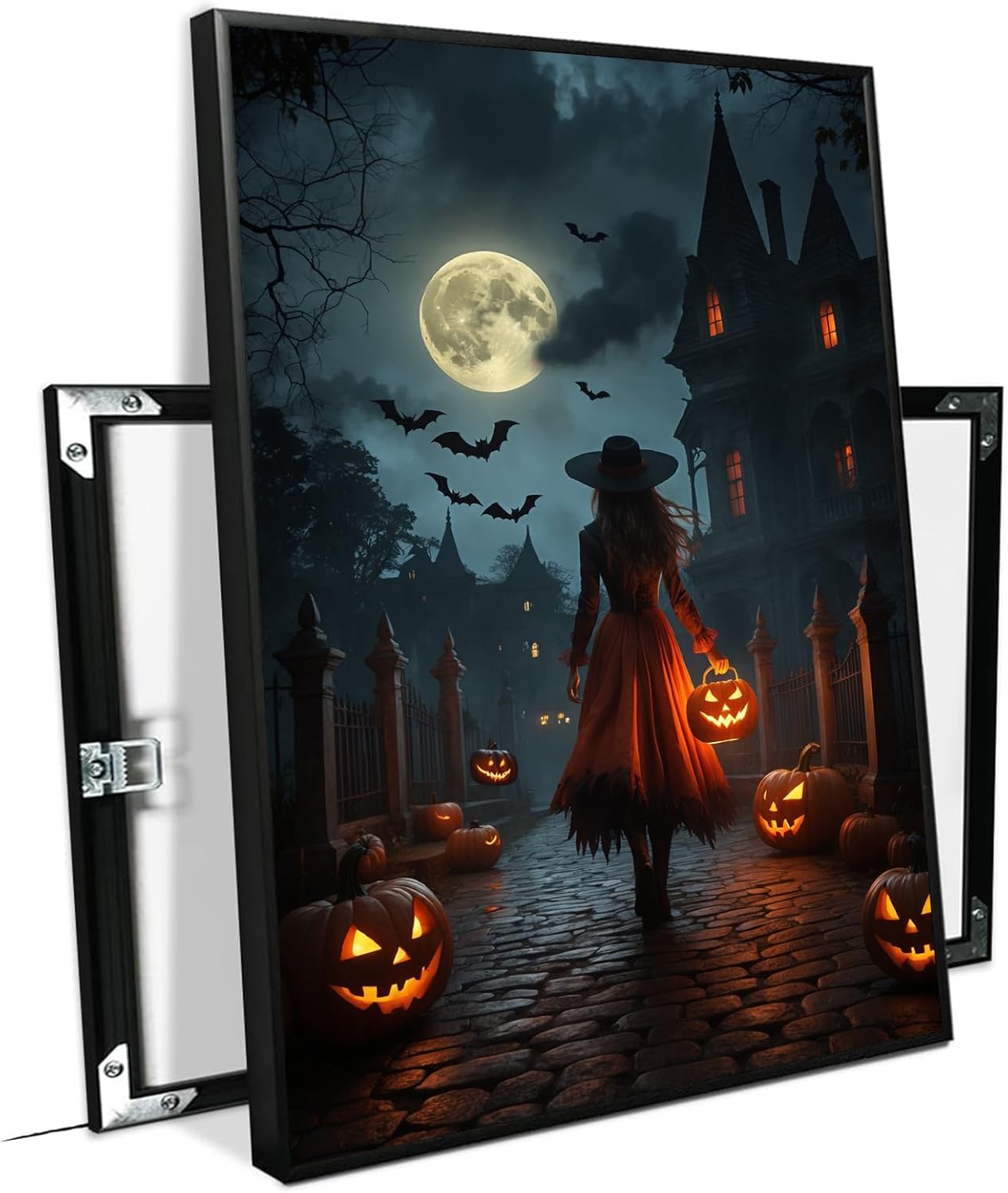 JFHCQJPK Halloween theme poster moonlit autumn night witch vintage poster art print dark college style gothic painting canvas wall decoration bedroom living room ideal gift20x30in Metal blackFramed