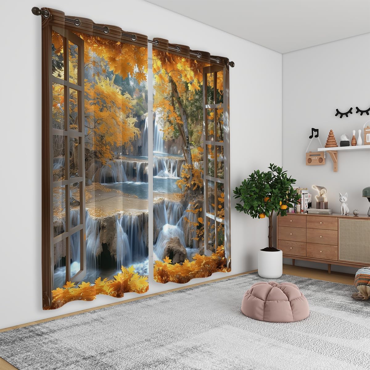 Landscape Blackout Curtains for Girls Boys Teens Home Decor, Nature 3D Autumn Fall Forest Maples Grommet Thermal Insulated Drapes Darkening Window Curtain for Bedroom Living Room, 63 x 63 Inch