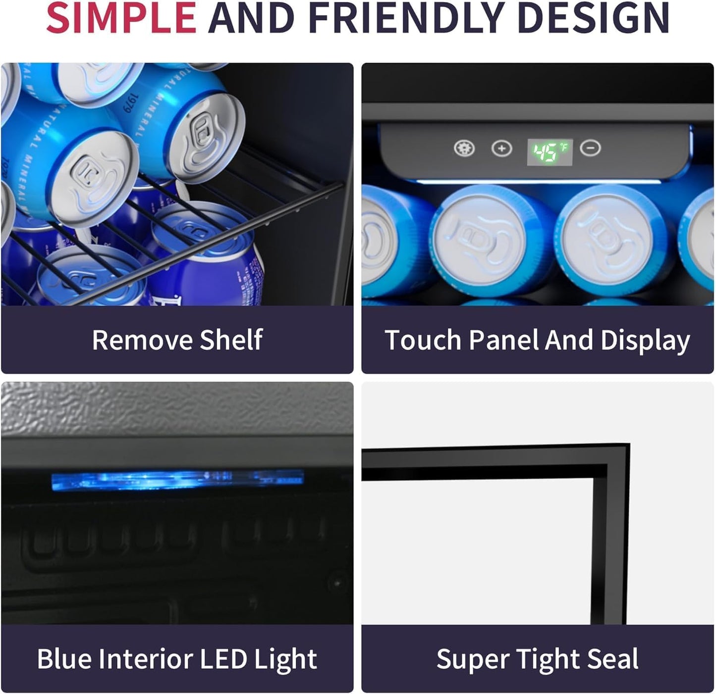 48 Can Beverage Refrigerator Cooler, Mini Fridge Glass Door with Adjustable Shelves, Freestanding Beverage Fridge with Blue LED for Home/Office/Dorm/Bar, 1.3 Cu.ft
