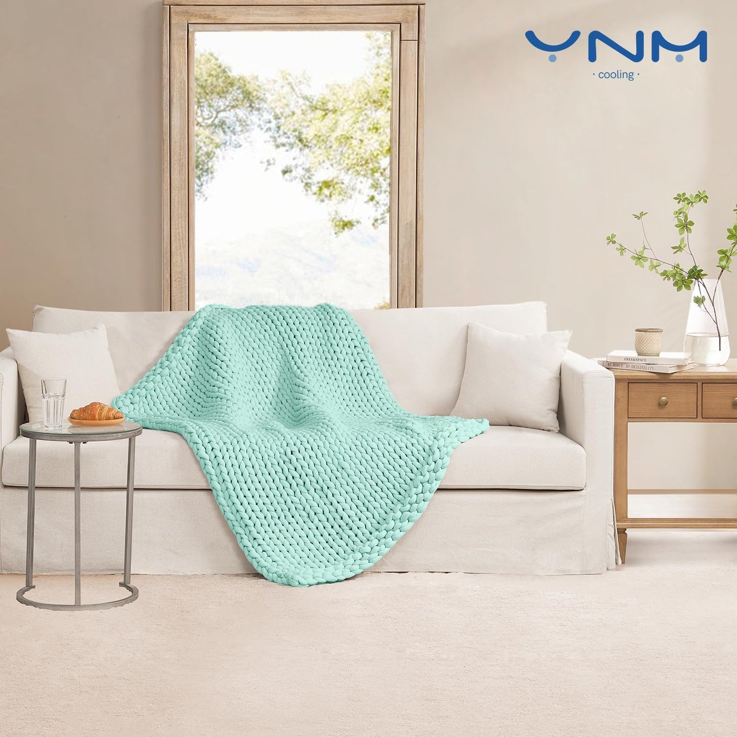 YnM Cooling Chunky Throw Blanket, Medium-Weight, Hand Knitted, Skin Friendly, Ventilated and Breathable, Machine Washable, Home Décor Piece for Couch, Sofa and Bed (Menthe Green, 40x50 Inch)