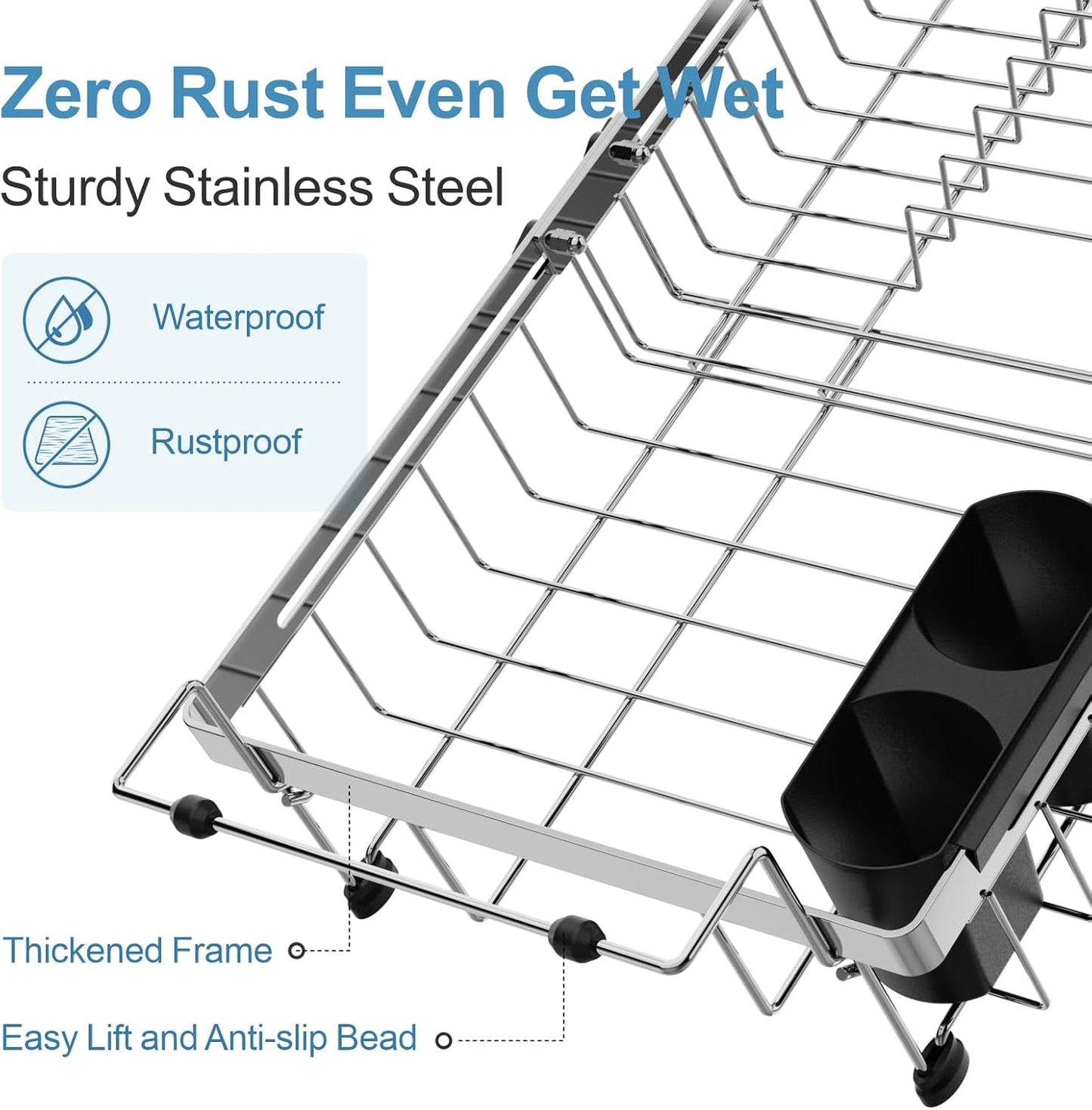 GSlife Expandable in Sink Dish Drying Rack - Capacity Adjustable Stainless Steel Over The Sink Dish Drainer with 2 Cup Holder and Utensil Holder for Kitchen Sink, 10.8"~17.9" L x 14.2" W, Silver
