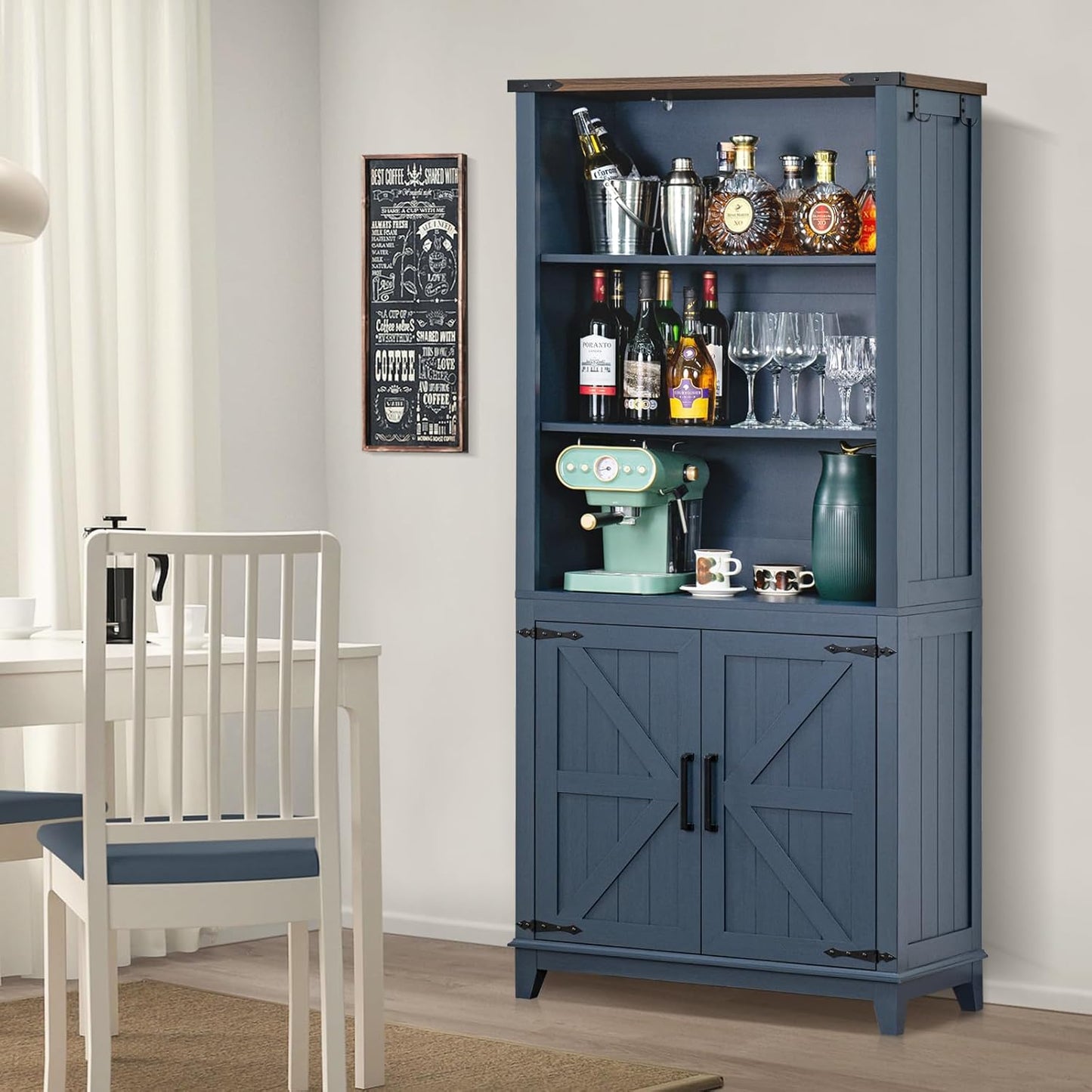 70in Tall Bookshelf 5 Tier Bookcase with Barn Doors and Adjustable Shelves, Blue Farmhouse Book Shelf with Storage Cabinet, Wood Freestanding Display Bookshelves for Bedroom, Kitchen (2PCS)