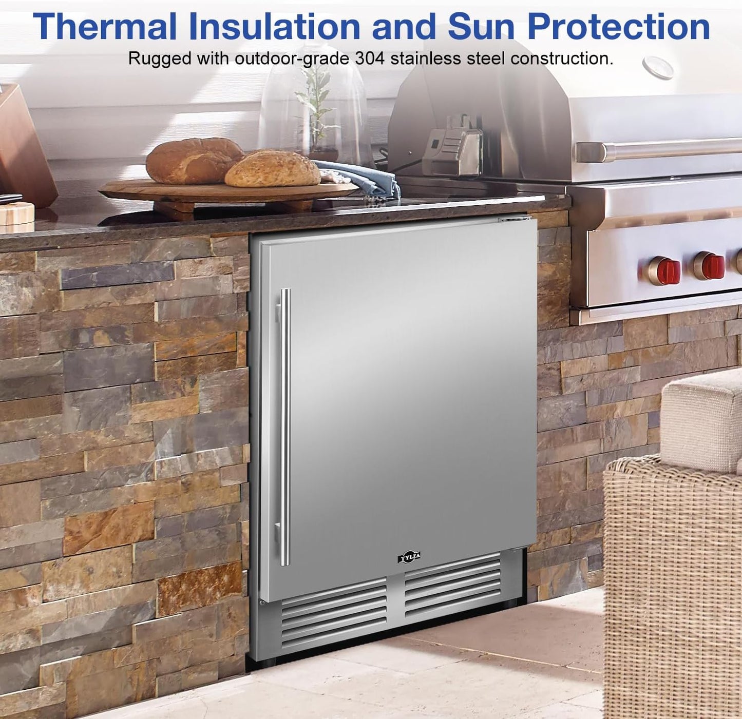 Tylza Outdoor Refrigerator 24 Inch Wide, Stainless Steel Beverage Refrigerator 176 Can for Undercounter Built-in or Freestanding, for Home and Patio, Water Proof, Fast Cooling, Low Noise, 37-65 °F