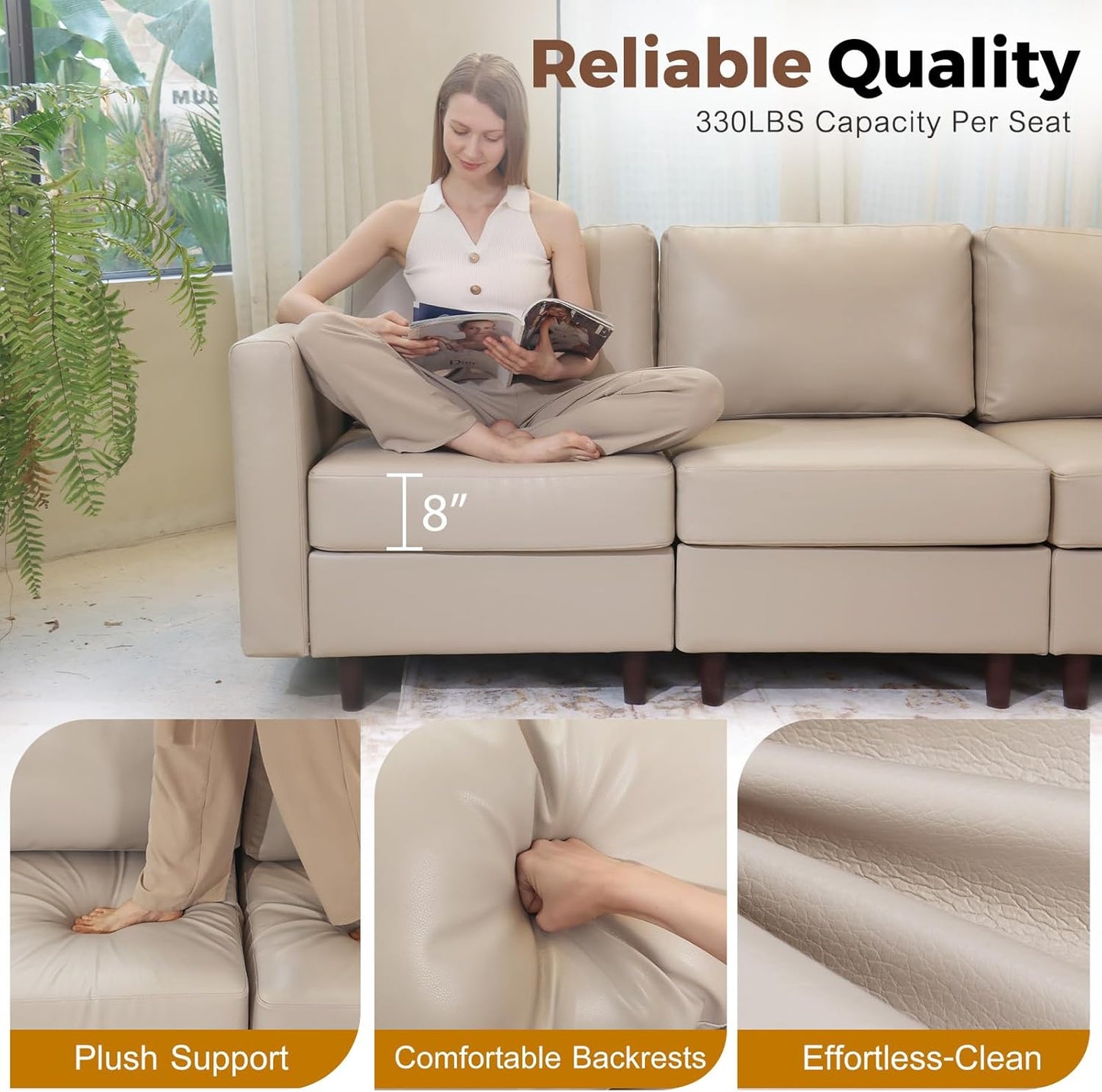 Oversized 172.5" Faux Leather Modular Sectional Sofa, Modern Large 11 Seater U Shaped Couch with Storage Seat with Reversible Chaise Deep Seat for Living Room DIY Combination - Whitesand