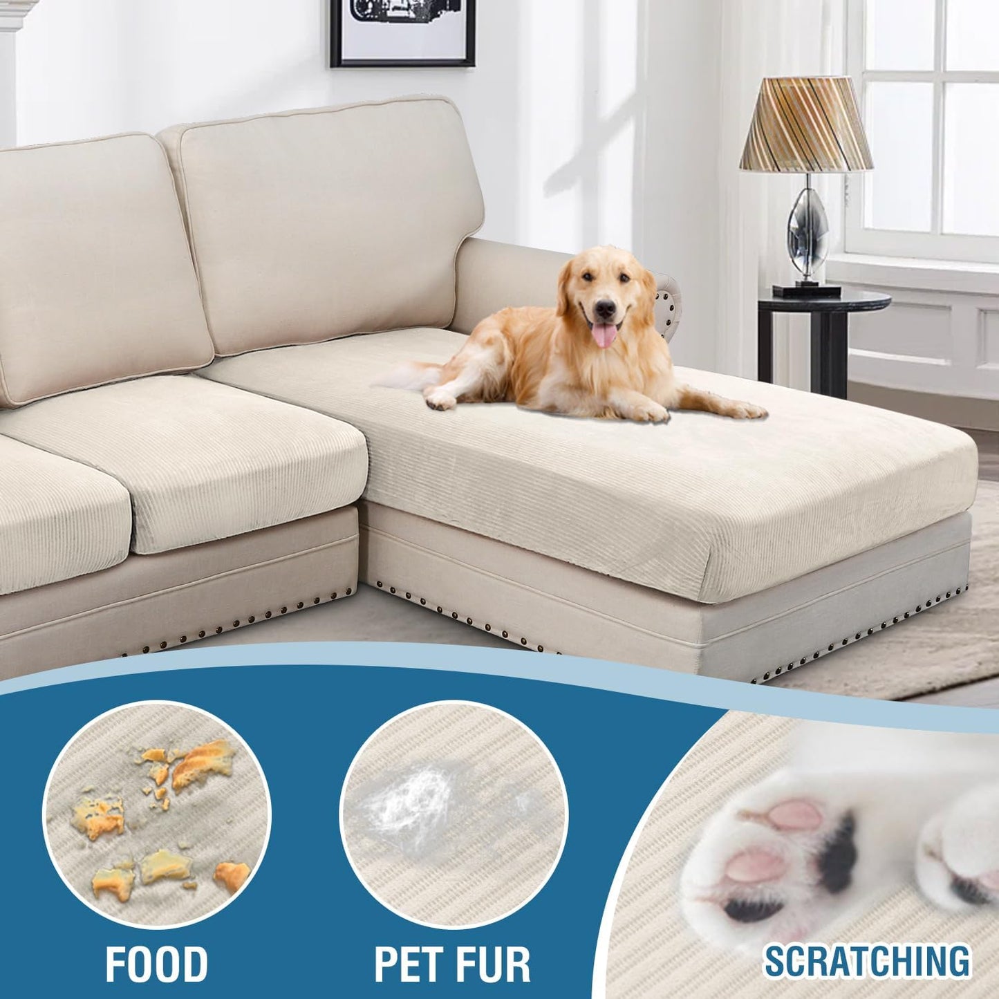 H.VERSAILTEX Velvet Stretch Sectional Couch Covers 3 Pieces, L Shape, Ivory Striped (Large Sofa 2 Seater + 1 Chaise)