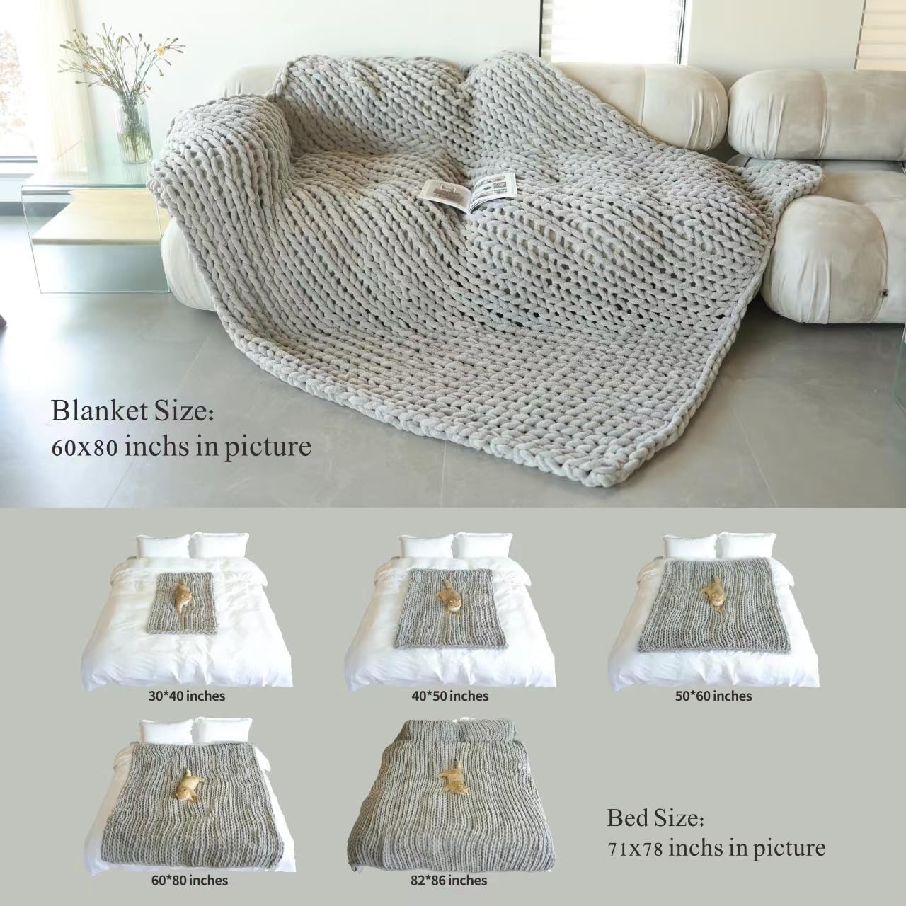 Maetoow Chenille Chunky Knit Blanket Throw （60×80 Inch）, Handmade Warm & Cozy Blanket Couch, Bed, Home Decor, Soft Breathable Fleece Banket, Christmas Thick and Giant Yarn Throws, Cream