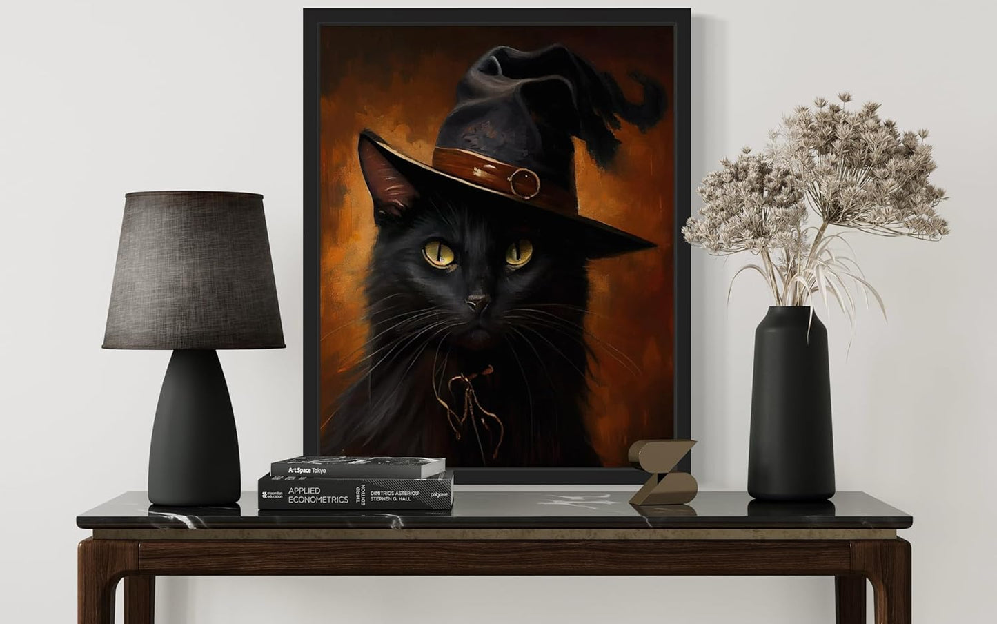 Witch Cat Poster Art Print, Halloween Scary Vintage Wall Art Academia Spooky Painting Decoration for Horror Prints, Gothic Posters Bedroom Decor 89 (Witch Cat, 11 x 14 inches, Black Frame)