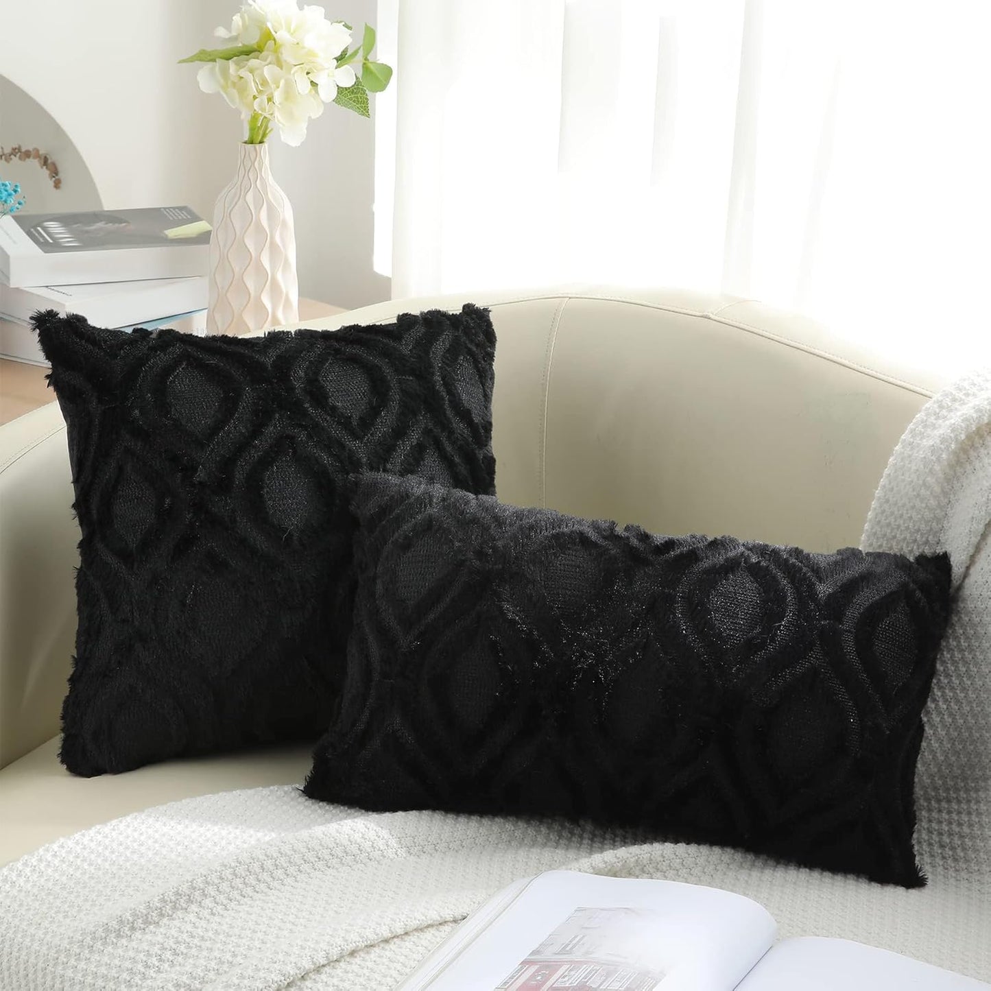 decorUhome Fall Throw Pillow Covers 20x20 Inch Set of 2, Soft Plush Decorative Faux Fur Black Solid Couch Pillow Covers, Accent Farmhouse Neutral Square Euro Pillow Cases for Sofa Bed Living Room