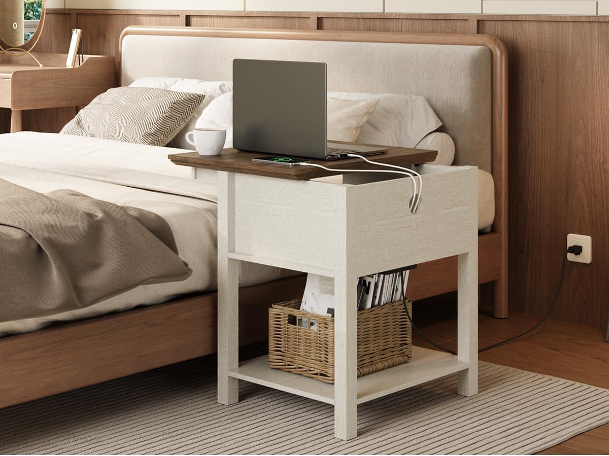 Rresyet Sliding Side Table with Charging Station & 2-Tier Storage,Farmhouse End Table, Wooden Nightstand for Bedroom & Living Room,White