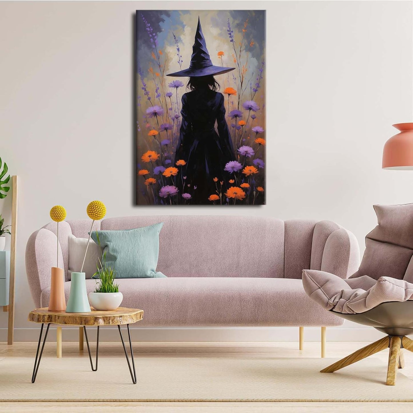 JFHCQJPK Country wildflower witch canvas print halloween mashup art witch purple decoration bohemian elegant art poster8x12in Frameless