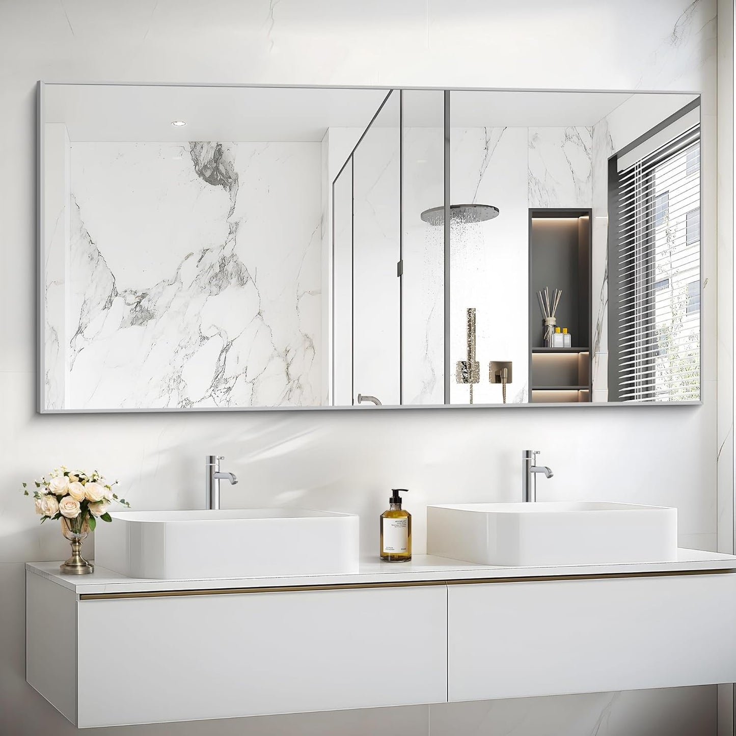 30x55In Silver Bathroom Mirror for Wall, Brushed Nickel Rectangle Mirrors with Metal Frame, Bathroom Rectangular Mirror Modern Wall Mirror for Bedroom Living Room, Hangs Horizontal or Vertical