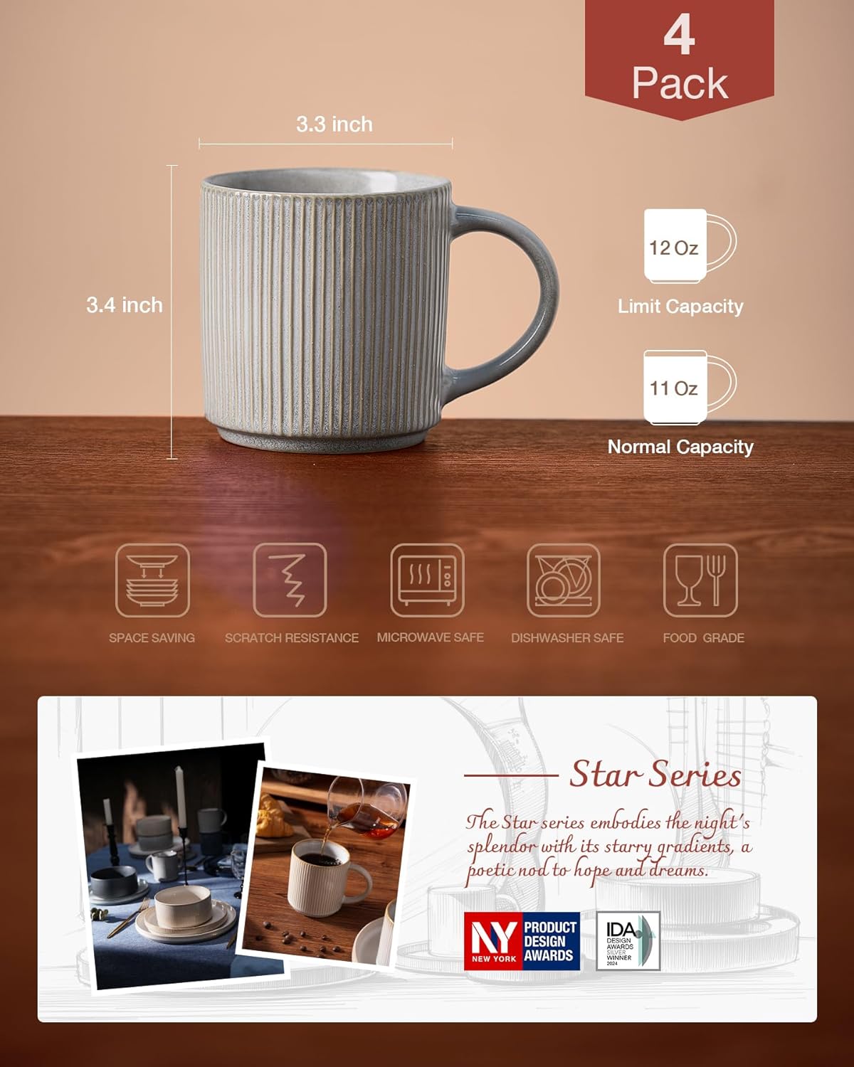 famiware Coffee Mug Set for 4, Star 12 oz Catering Mugs Cup Set with Handle for Coffee, Tea, Cocoa, Milk - Ceramic Stoneware Drinkware Set, Matte Grey