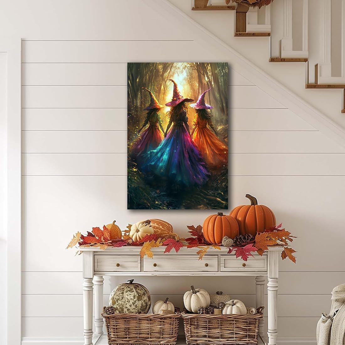 Halloween Room Decor Wall Art Colorful Witch Prints,Vintage Three Colorful Witches in Forest Halloween Posters,Fall Fantasy Aesthetic Pictures Playful Art Wall Decor for Bedroom,24"x36" Unframed