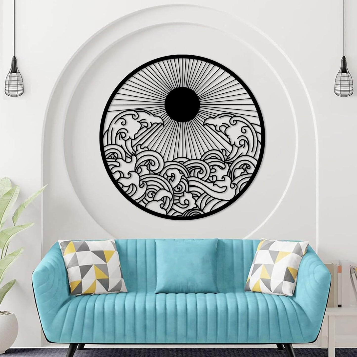 flyoak Metal Sun Wall Decor Outdoor, Sunrise Metal Wall Art, Metal Wave Wall Art, Sunrise and Wave Wall Decor, Sunburst Wall Art, Sunset Wall Art, Wall Hangings for Bedroom (Gold, 35x35in|90x90cm)