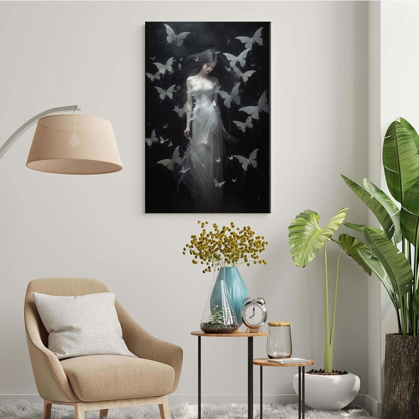 Vintage Gothic Feminine Canvas Wall Art Print Butterfly Poster Moody Female Wall Art Retro Artwork Dark College Decor for Home Bedroom16x24in Wood Framed