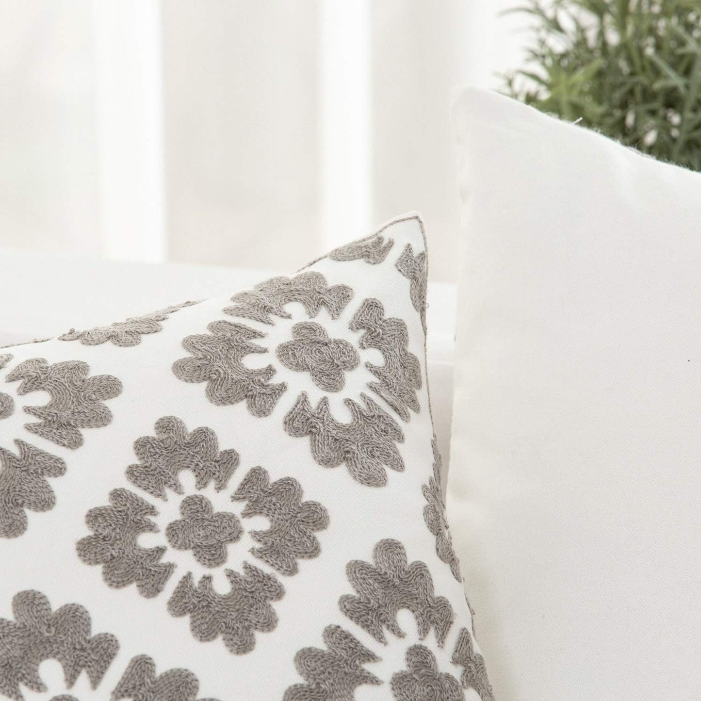 HWY 50 Grey Gray Decorative Throw Pillow Covers 18x18 Inch (1 Piece), Embroidered Cotton Farmhouse Cushion Cover Pillow Case for Sofa Couch Living Room Bed, Geometric Diamond Floral