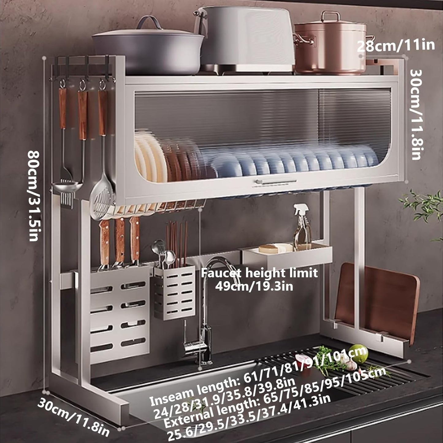 Home Furnishing Dish Rack Over Sink Stainless Steel Over The Sink Dish Drainer Drying Rack Space Kitchen Sink Rack Multifunctional countertop Dish Storage Rack Sink(Metallic,65cm/25.6in)