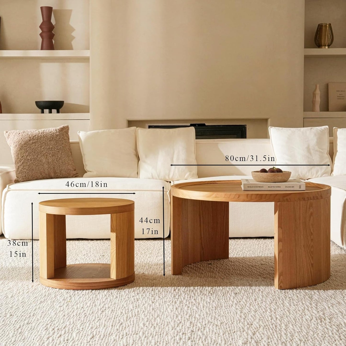 Round Nesting Coffee Table Set of 2,31.5" Large & 18" Small Low Tables with Wood Look Top,Space-Saving Side Tables for Living Room,Bedroom,Office,Minimalist Center Table Set (Brown, L+S)