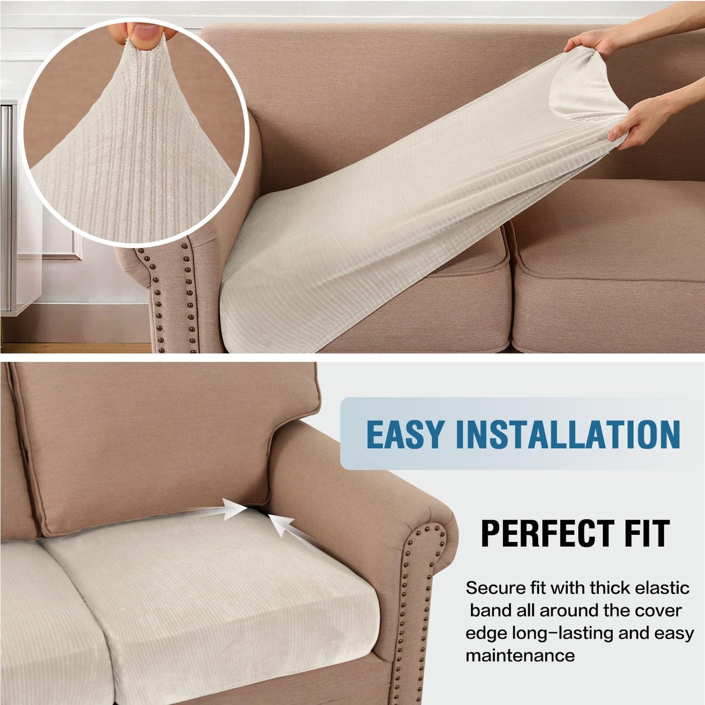 H.VERSAILTEX Velvet Stretch Couch Cushion Cover Plush Cushion Slipcover for Chair Cushion Furniture Protector Seat Cushion Sofa Cover (1 Piece Armchair Cushion Covers, Ivory Striped)