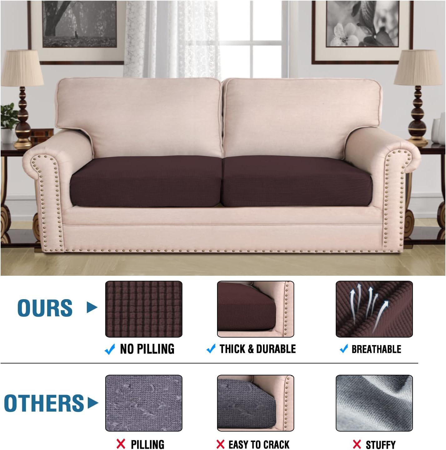 H.VERSAILTEX Super Stretch Individual Seat Cushion Covers - Thick Jacquard Textured Twill Fabric (2 Piece Large Sofa Cushion Covers, Chocolate)